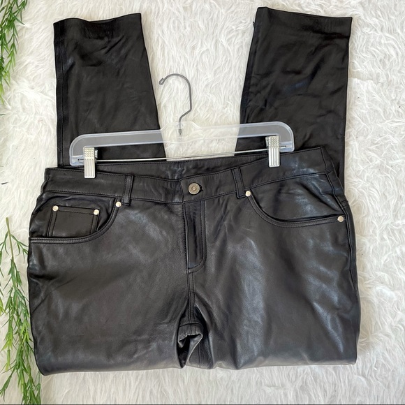 CREER New York 100% Lambskin Leather Black Moto Fitted Pants - Picture 2 of 8